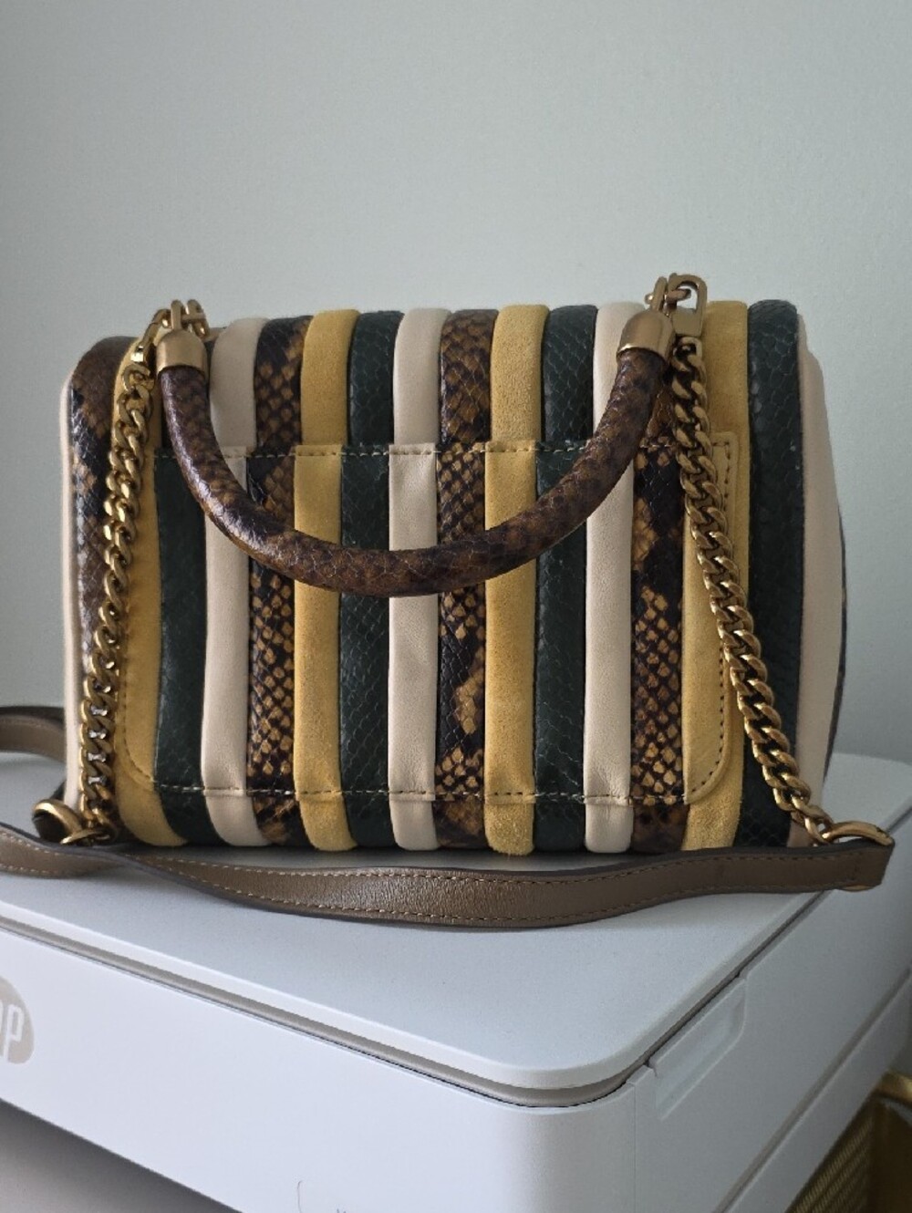 Tory Burch Kira Mustard Green Multi-Stripe Leather and Suede Shoulder Bag - Picture 3 of 6